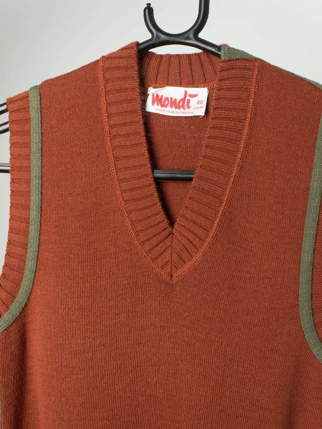 80s Mondi sweater vest in rust orange, made in West Germany – Small / Medium