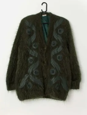 80s vintage fluffy forest green cardigan coat with leather appliqué – Medium / Large