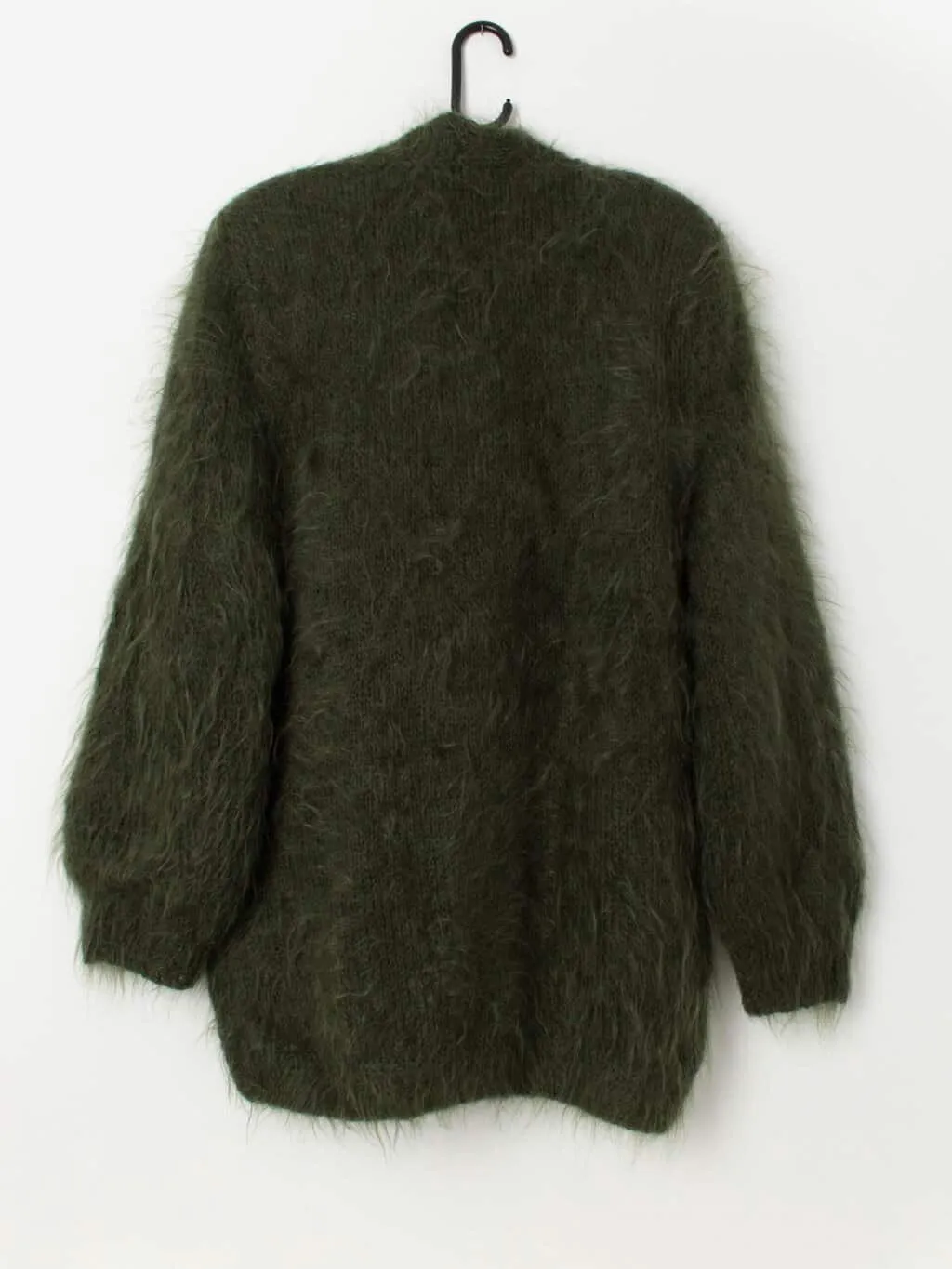 80s vintage fluffy forest green cardigan coat with leather appliqué – Medium / Large