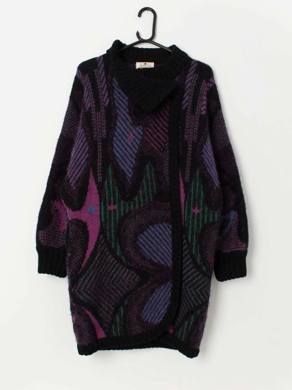 80s vintage thick cardigan coat in purple, pink and green – Medium / Large