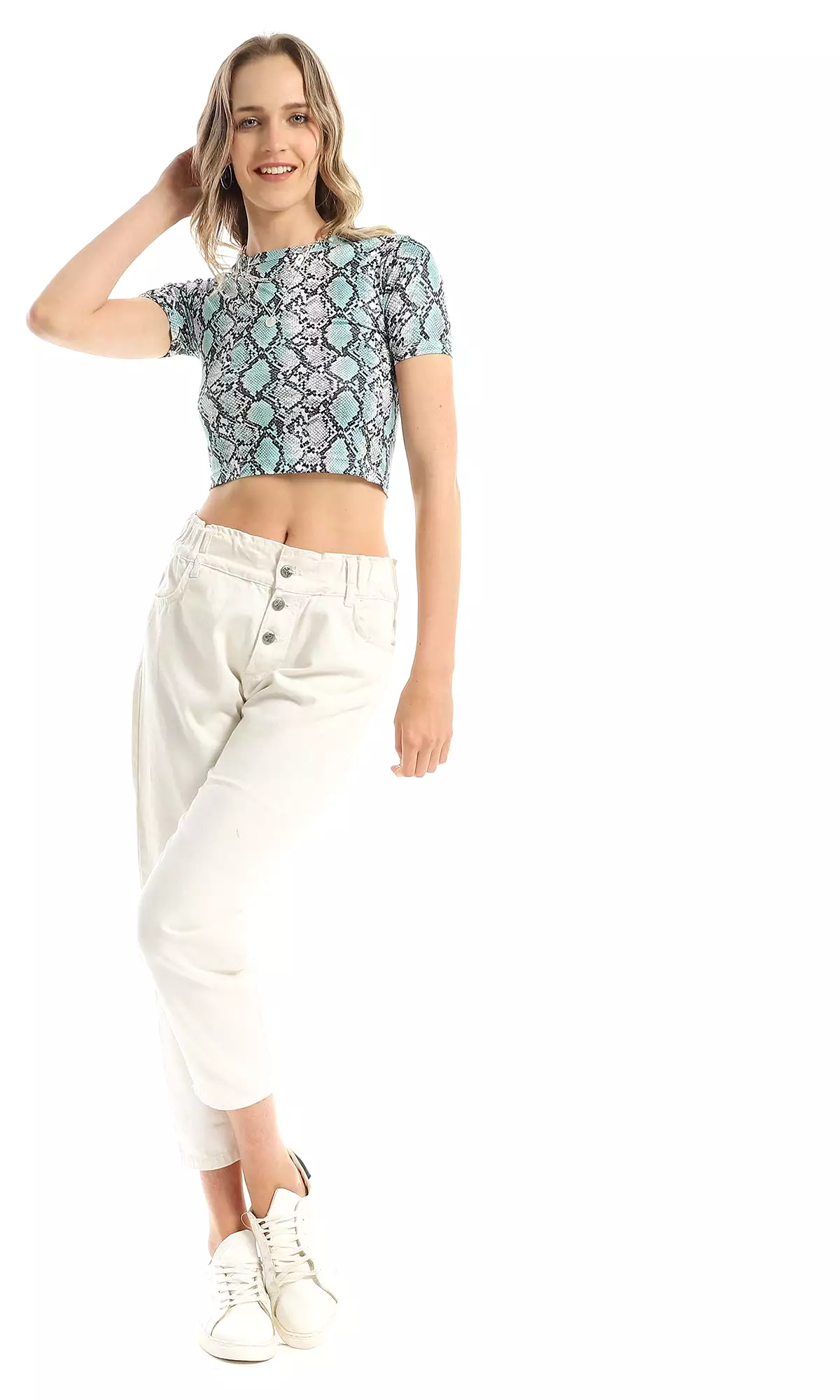 97310 Short Sleeves Reptile Pattern Pistachio & Black Cropped Top