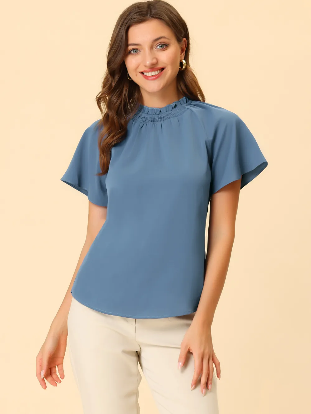 Allegra K - Short Sleeve Casual Pleated Mock Neck Top