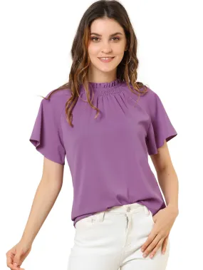 Allegra K - Short Sleeve Casual Pleated Mock Neck Top