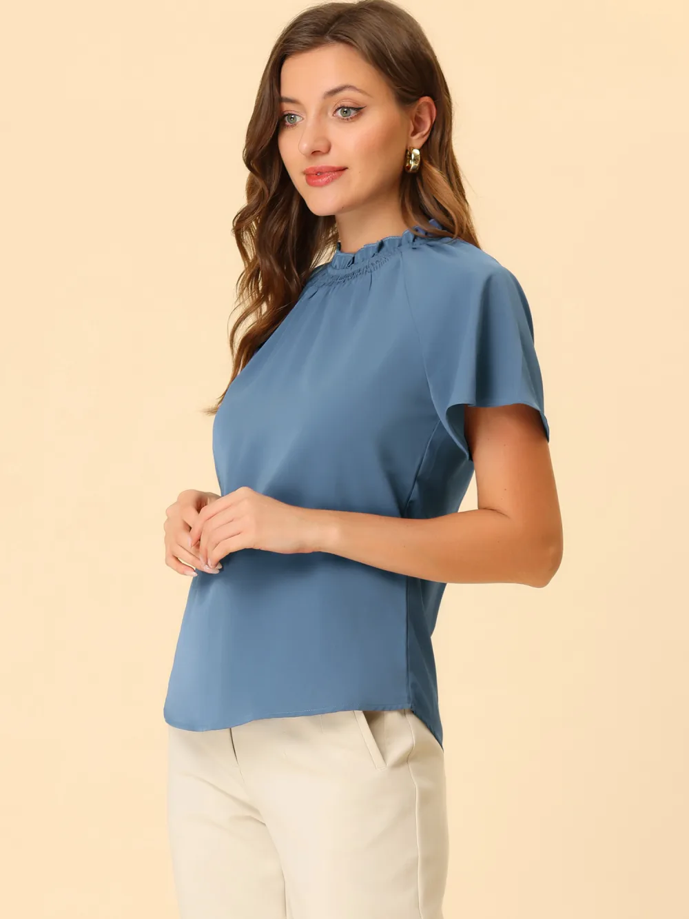 Allegra K - Short Sleeve Casual Pleated Mock Neck Top