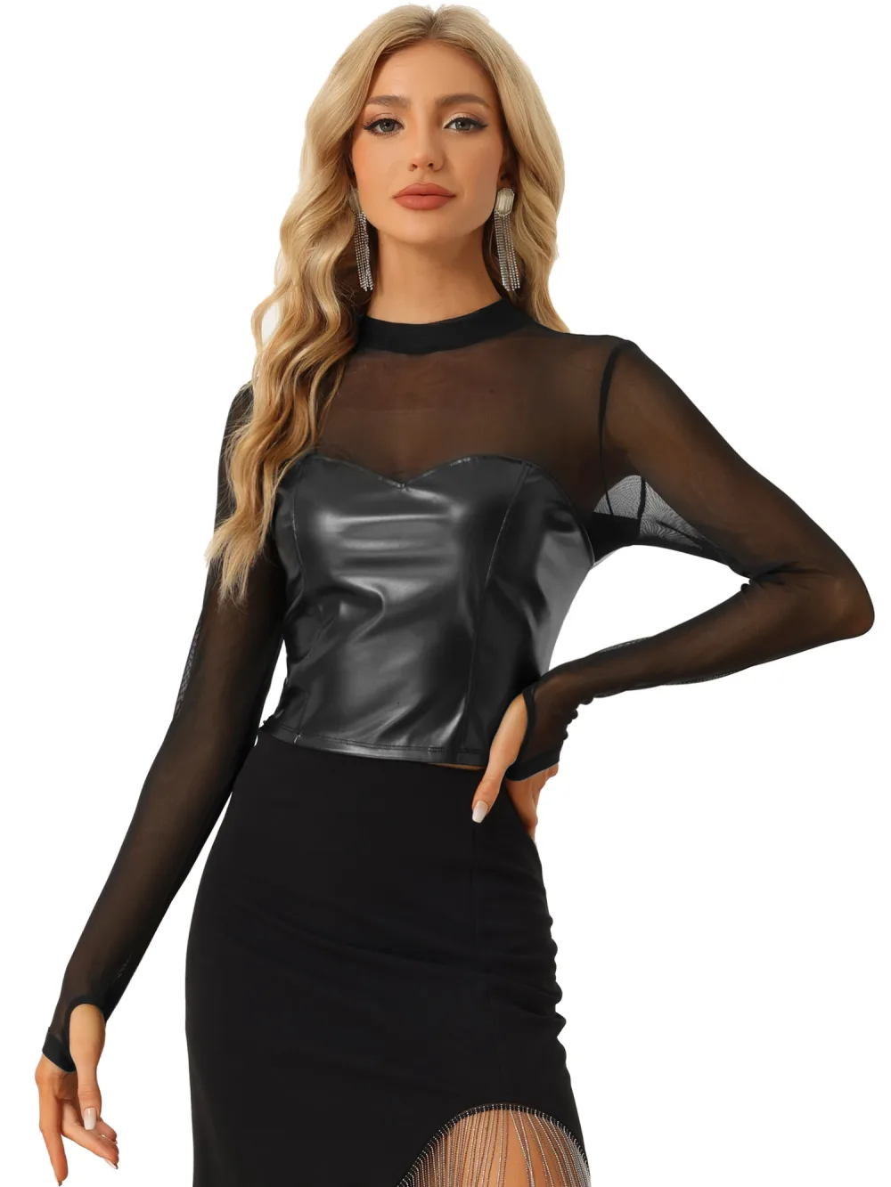 Allegra K- Mock Neck Faux Leather Mesh Sheer Long Sleeve Top