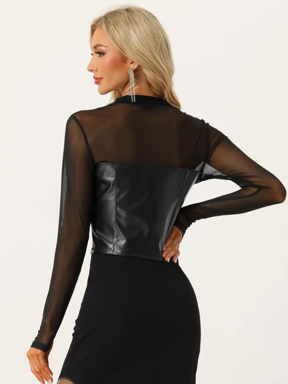 Allegra K- Mock Neck Faux Leather Mesh Sheer Long Sleeve Top