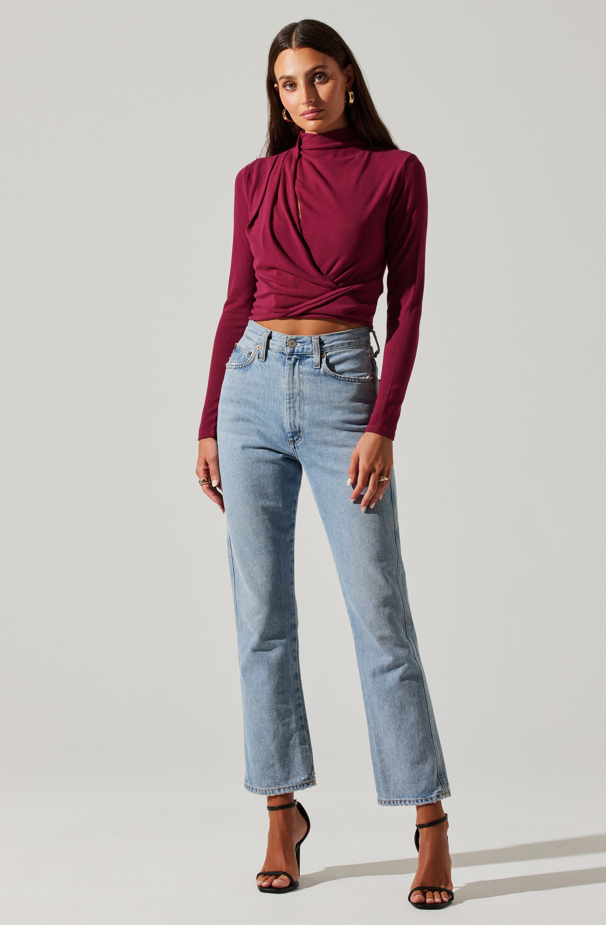 Asymmetrical Pleated Cutout Mock Neck Top