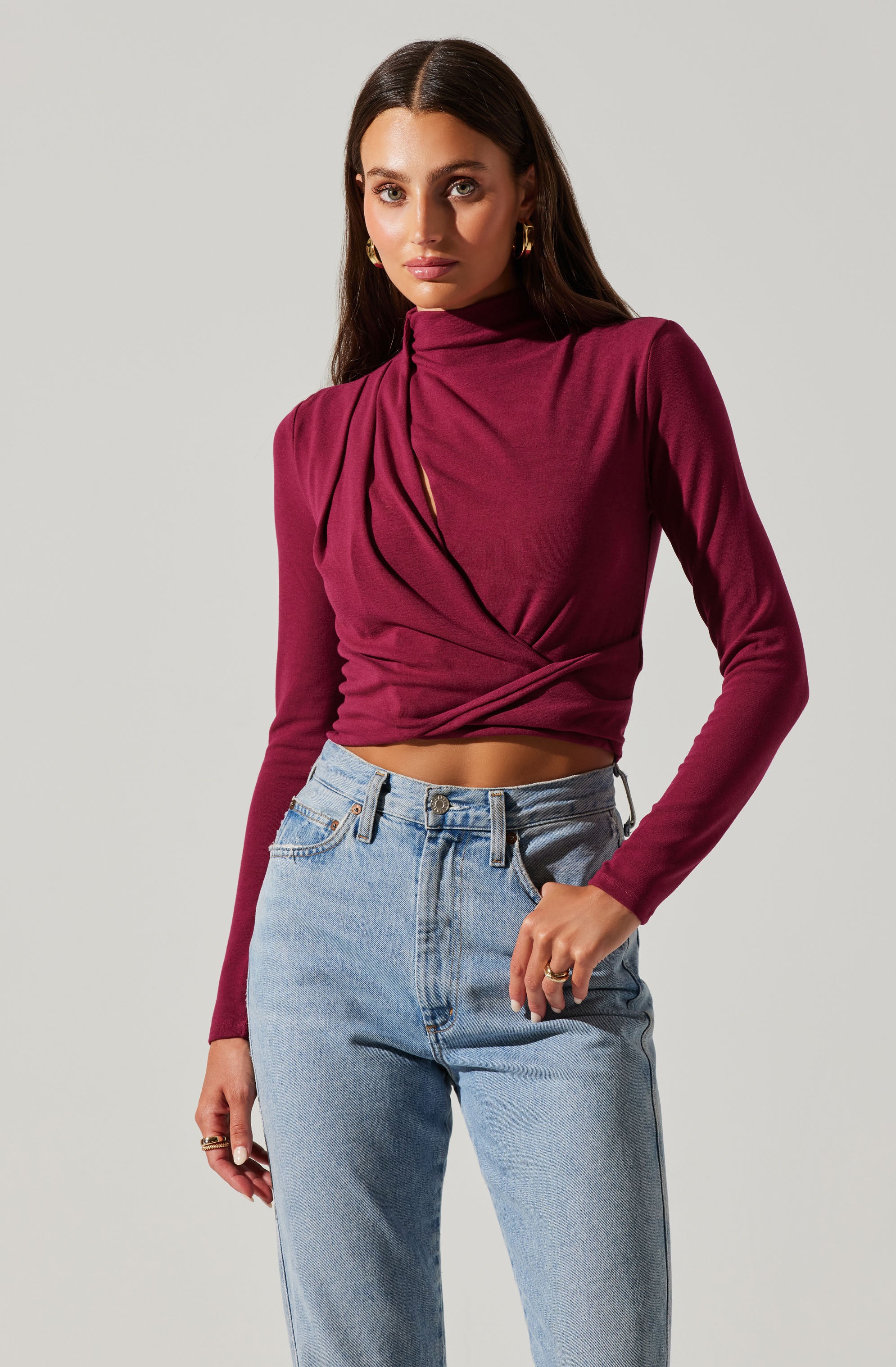 Asymmetrical Pleated Cutout Mock Neck Top