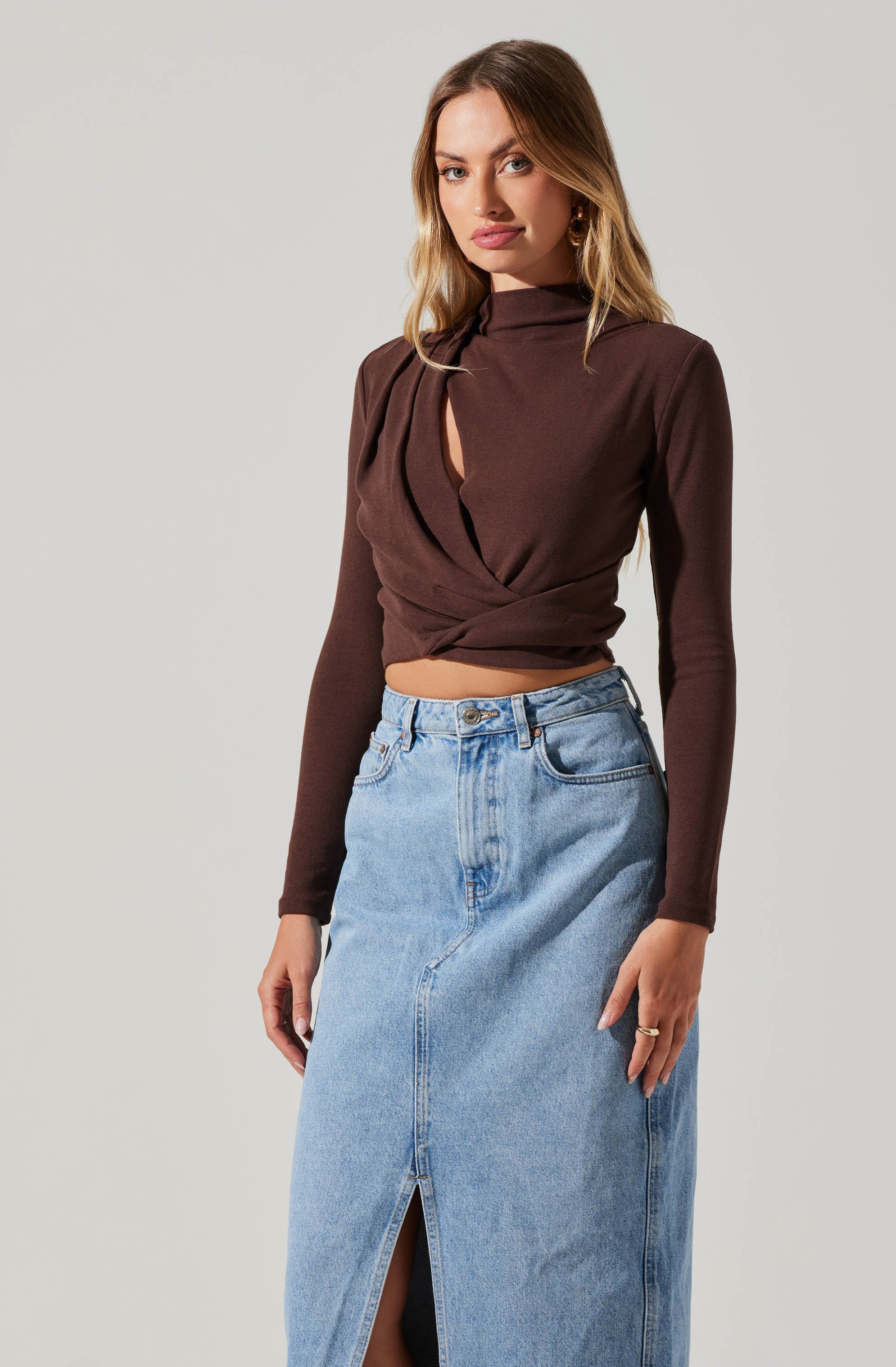 Asymmetrical Pleated Cutout Mock Neck Top