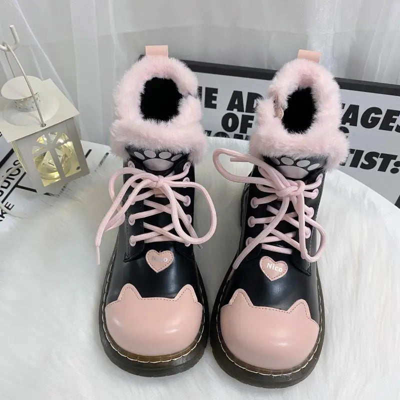 Black Pink Sugar Kitty Paw Lolita Winter Boots