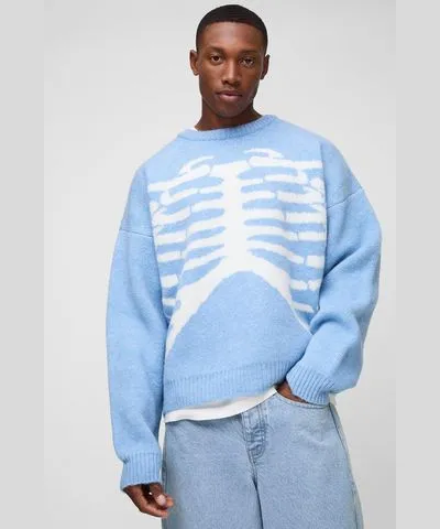 boohoo Mens Oversized Boxy Brushed Skeleton Graphic Knitted Sweater