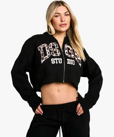 boohoo Womens Dsgn Studio Leopard Applique Boxy Crop Zip Through Hoodie