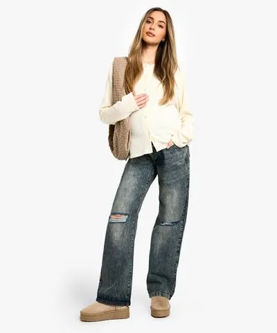 boohoo Womens Maternity Basic High Waisted Ripped Straight Leg Jeans