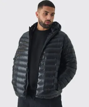 boohooMAN Mens Plus High Shine Hooded Puffer Jacket In Black