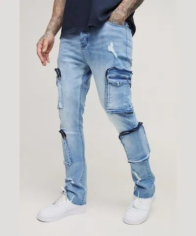 boohooMAN Mens Tall Raw Seam Detail Stretch Skinny Ripped Cargo Flared Jeans