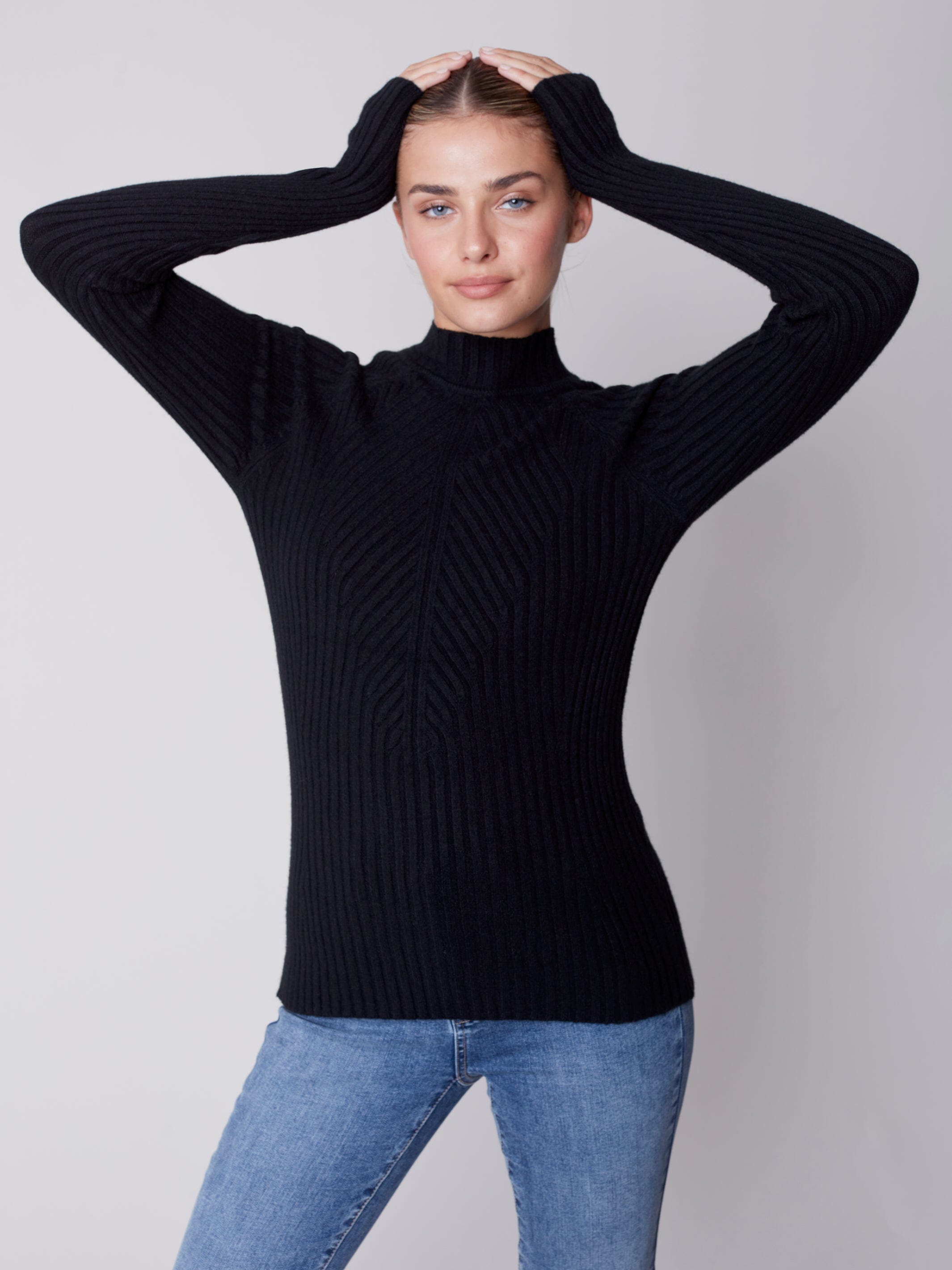 Charlie B Mock Neck Rib Black C2553-736A