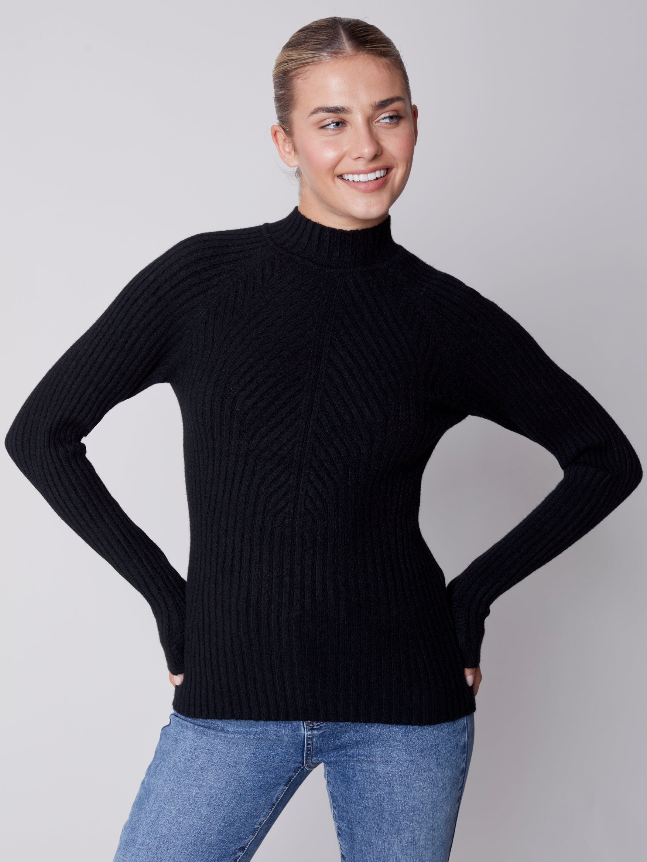 Charlie B Mock Neck Rib Black C2553-736A