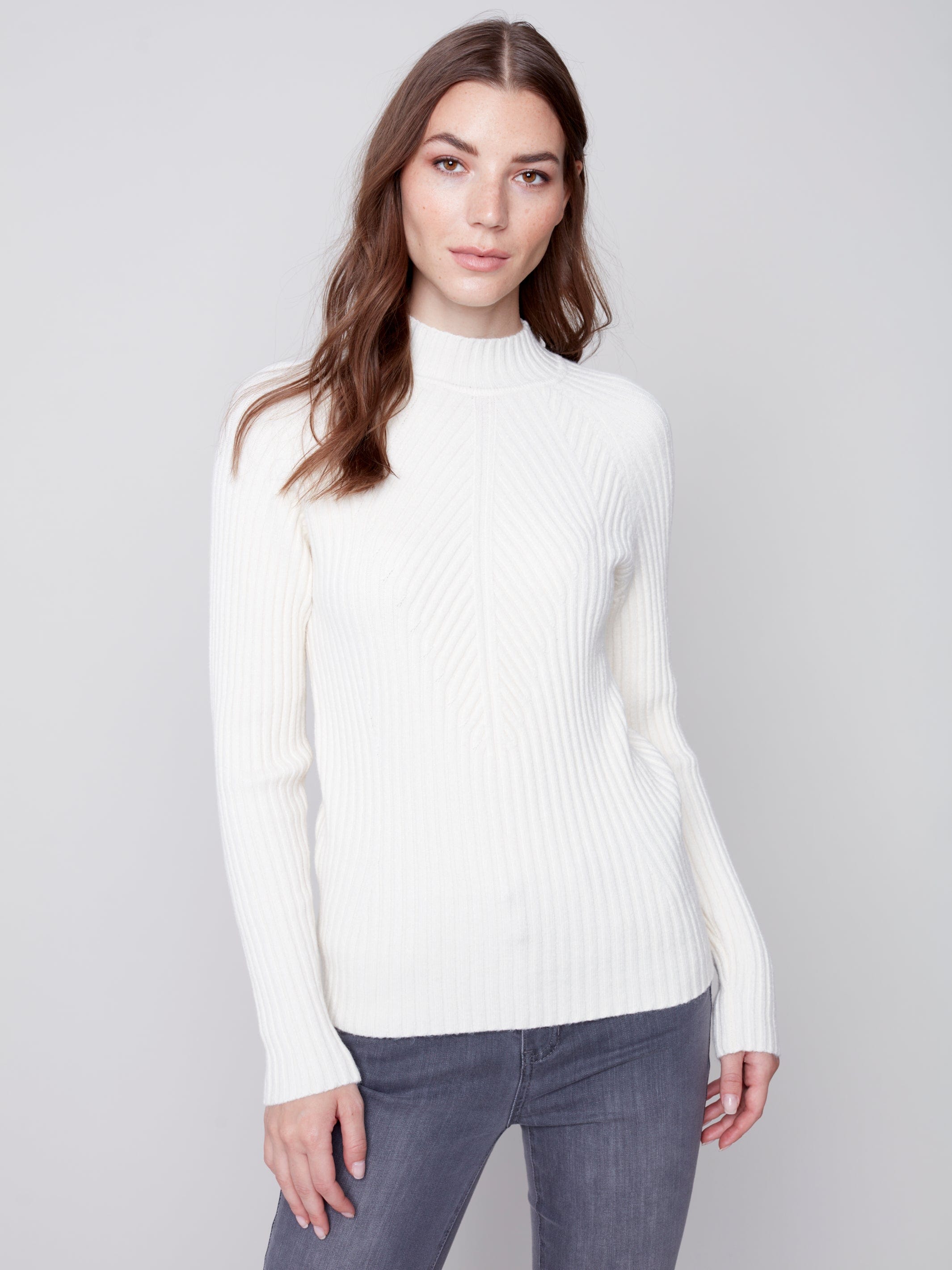 Charlie B Mock Neck Rib  Ecru  - C2553