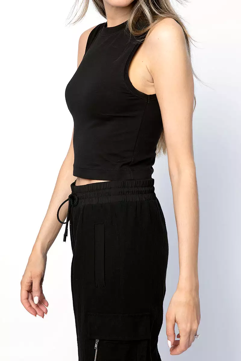 Cotton Cropped Sleeveless Tee in Black