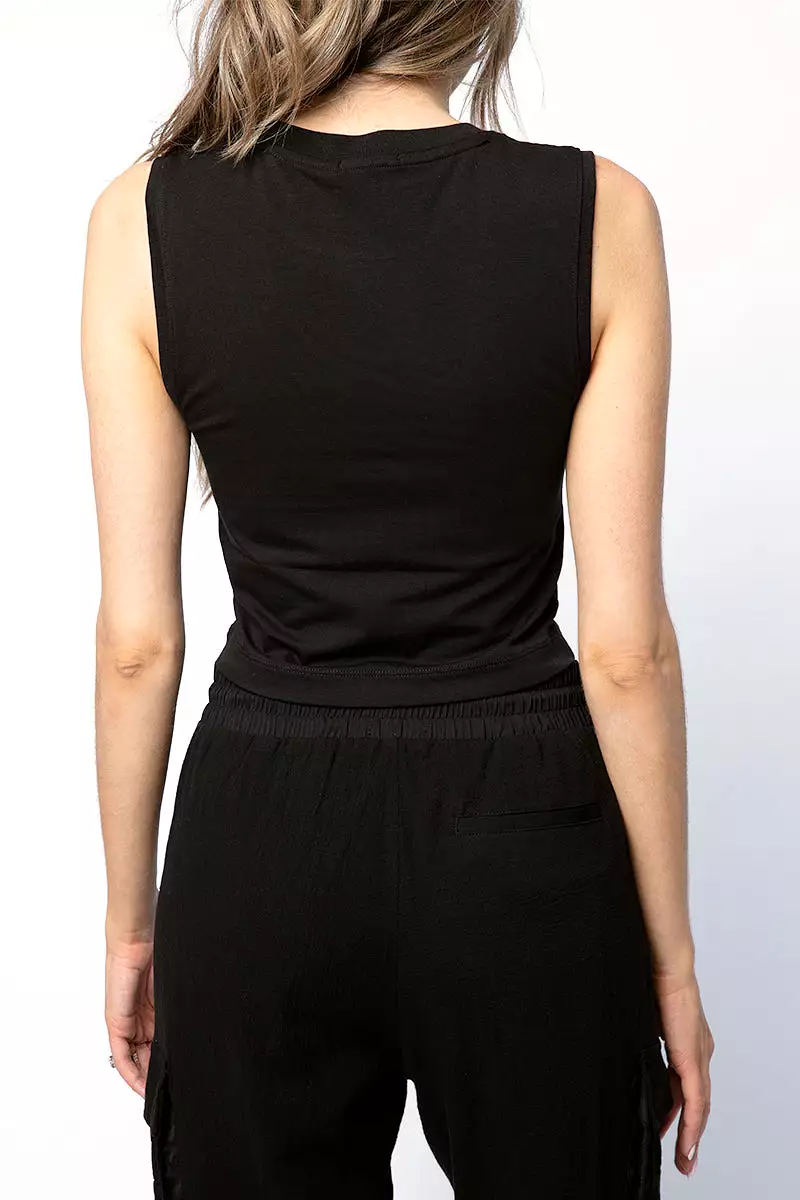 Cotton Cropped Sleeveless Tee in Black