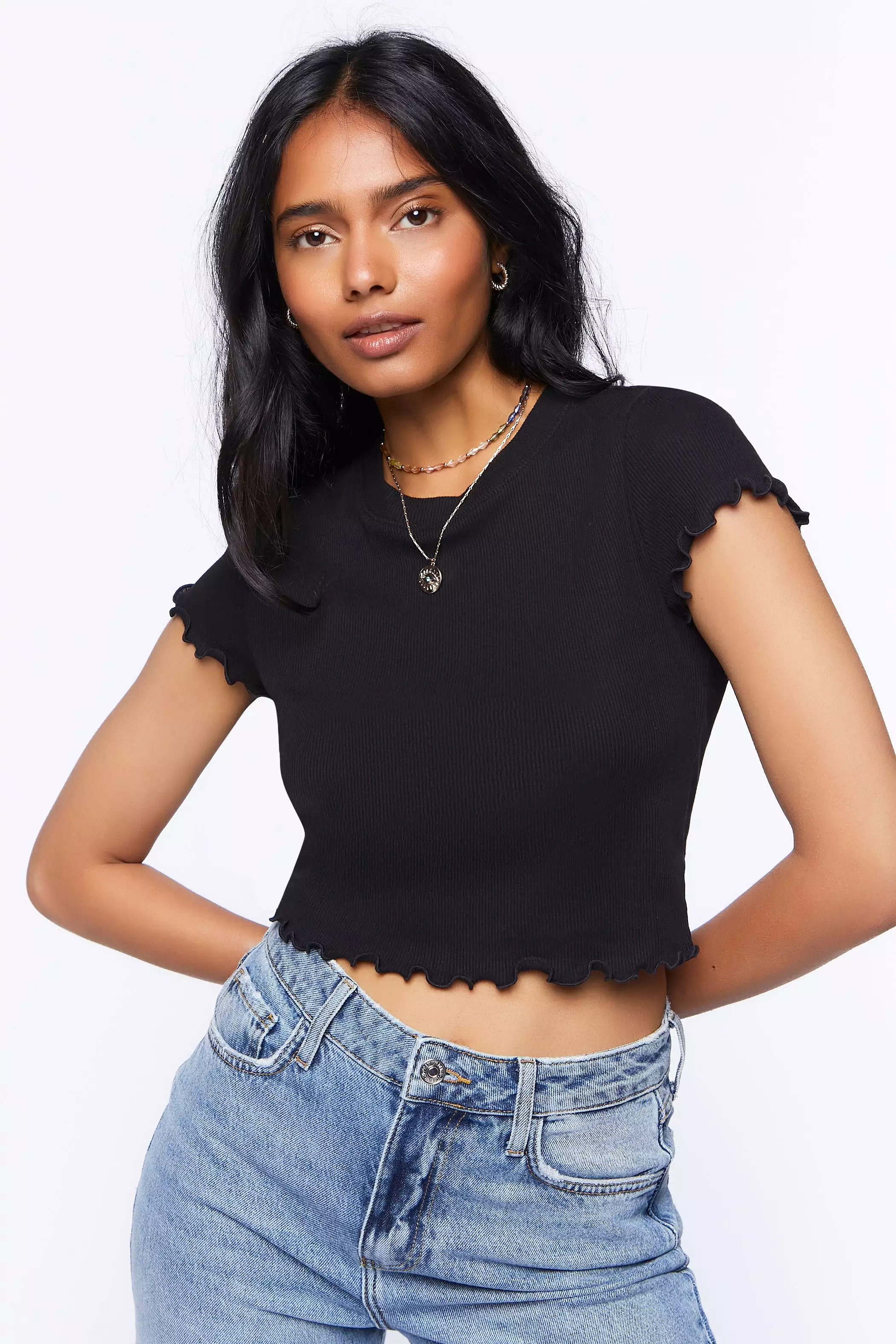 Cropped Ribbed Lettuce-Edge Tee