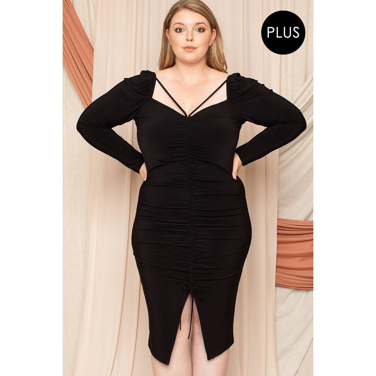 Deep Round Neck Shirring Detailed Back Plus Size Dress