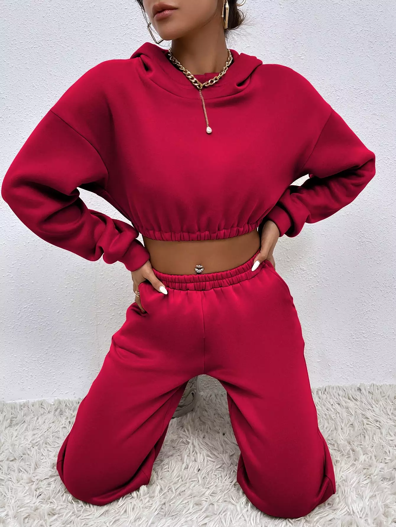 Drop Shoulder Crop Hoodie Sweatpants