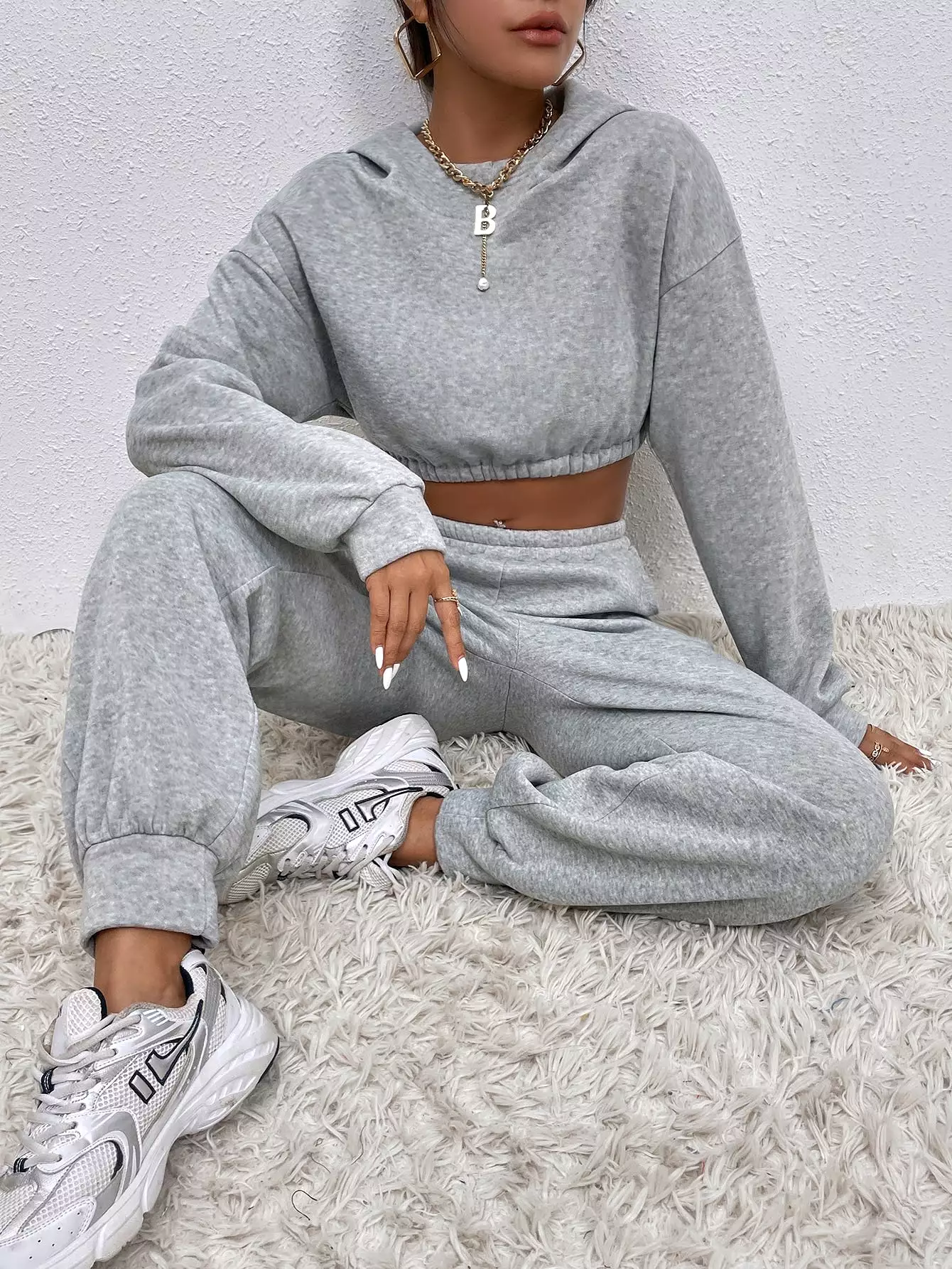 Drop Shoulder Crop Hoodie Sweatpants