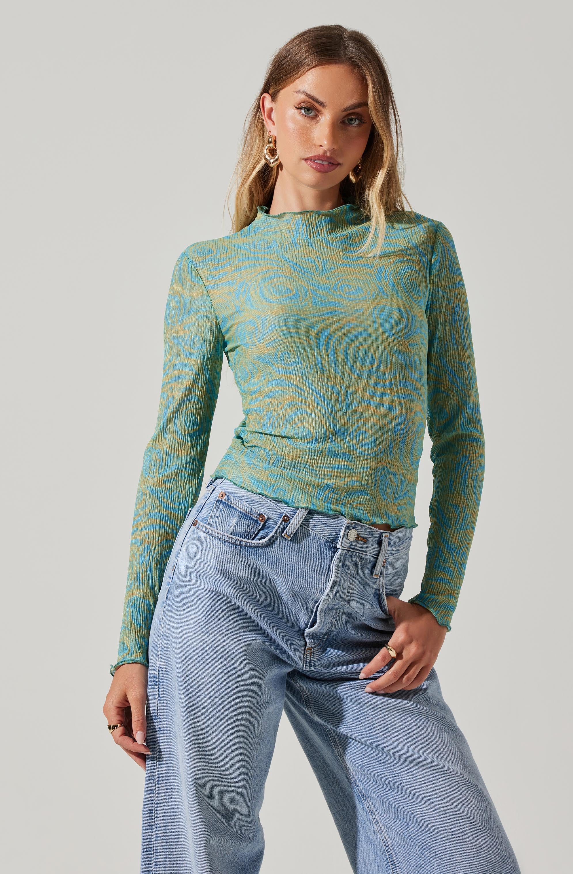 Eska Pleated Mock Neck Long Sleeve Top