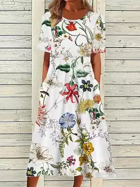 Floral Pocket Shift Midi Dress for Women in White