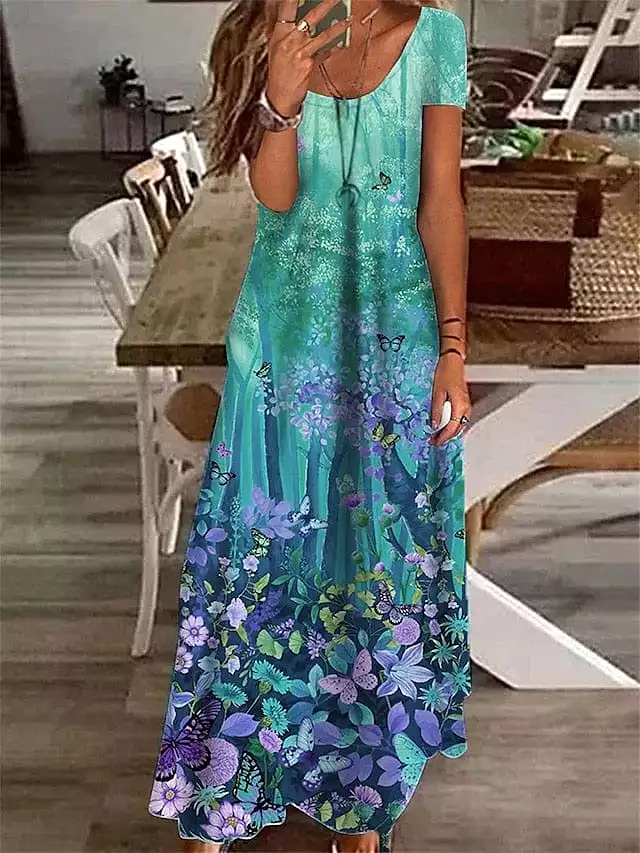 Floral Print Shift Maxi Dress with Short Sleeves for Women