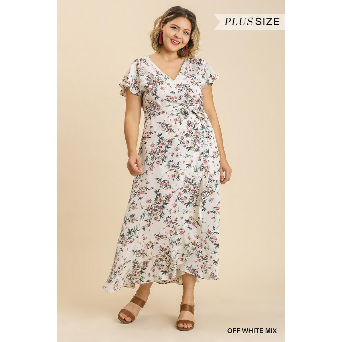 Floral Print Wrapped Short Ruffle Sleeve Maxi Dress With No Lining