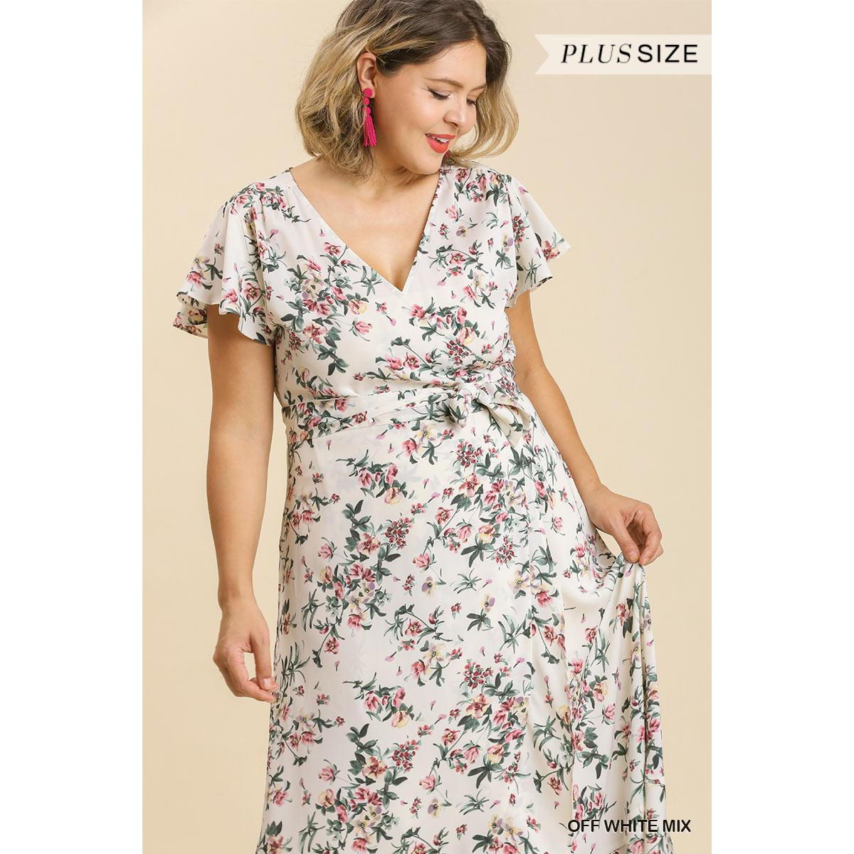 Floral Print Wrapped Short Ruffle Sleeve Maxi Dress With No Lining