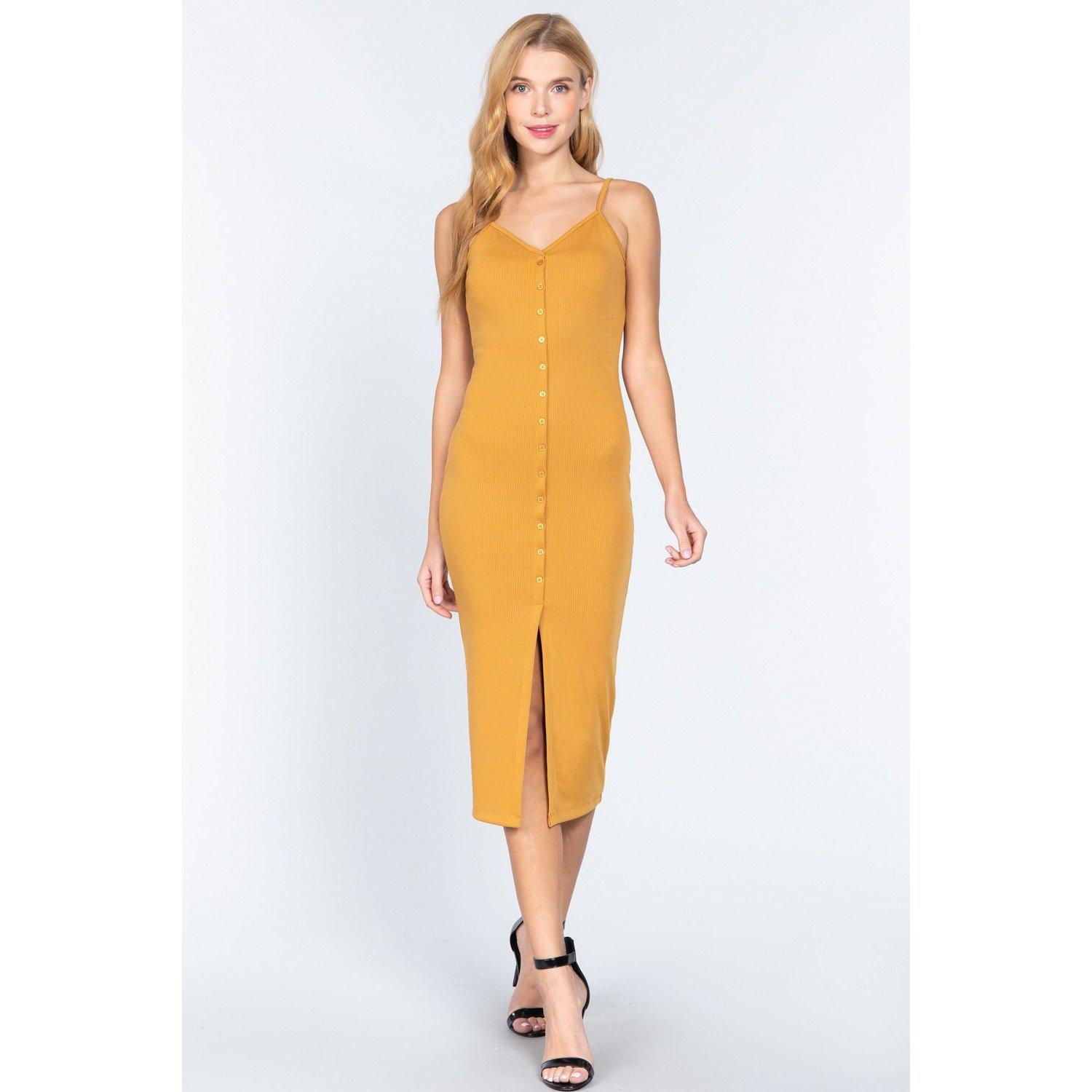 Fron Button Slit Rib Cami Midi Dress