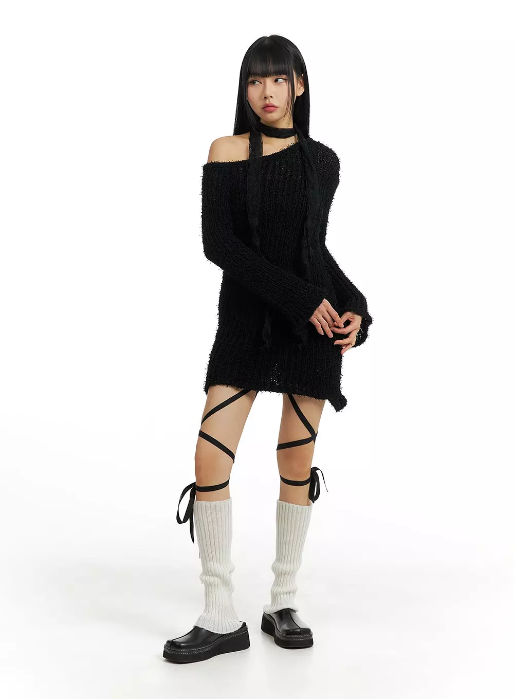 Fuzzy Knit Asymmetrical Shoulder Mini Dress CM406