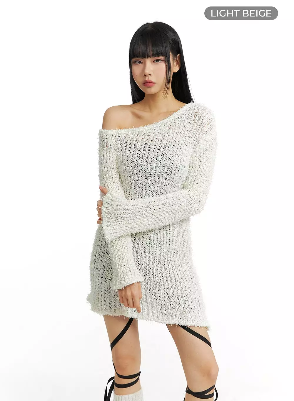 Fuzzy Knit Asymmetrical Shoulder Mini Dress CM406