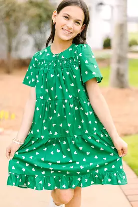 Girls: Lucky In Love Green Heart Print Dress