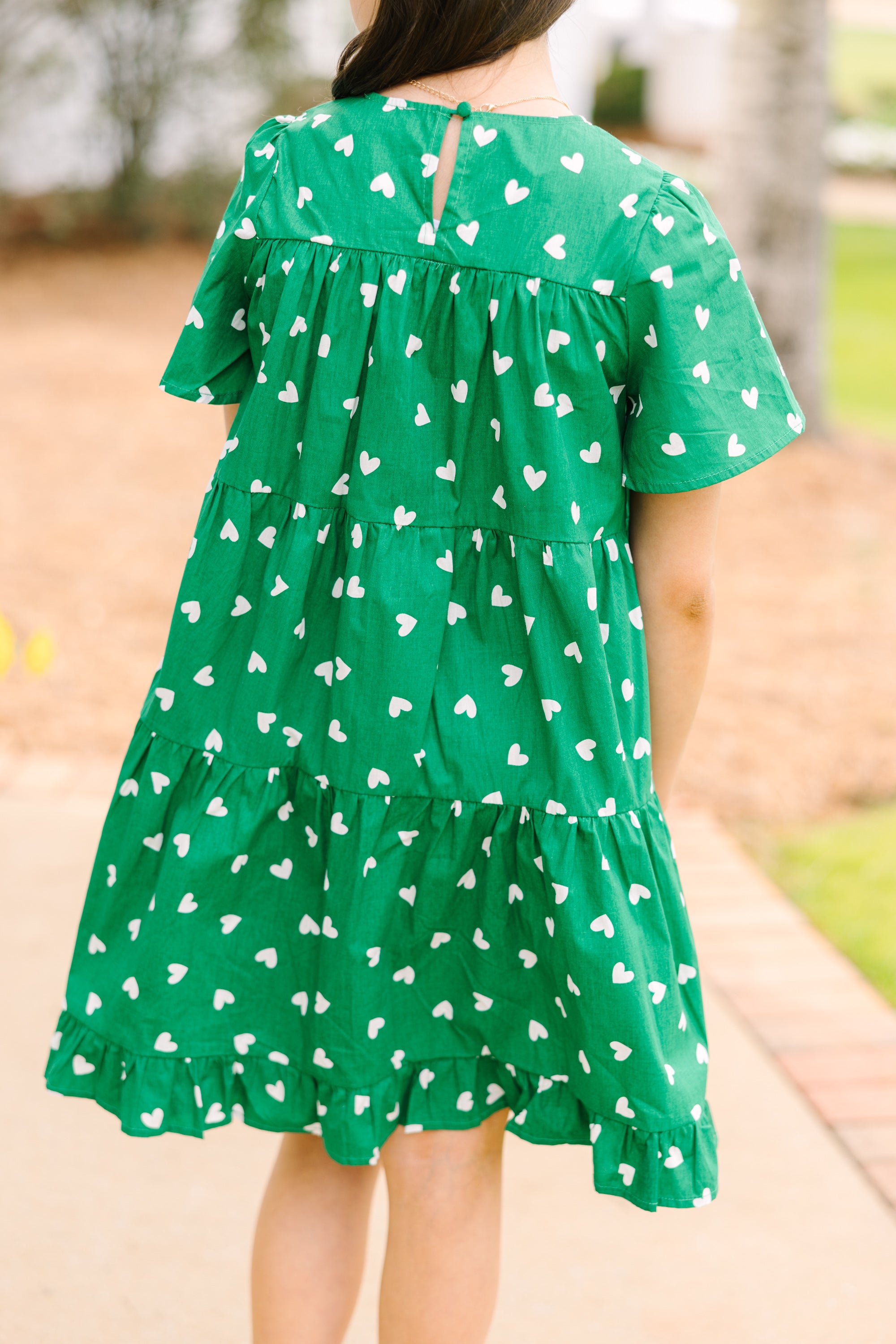 Girls: Lucky In Love Green Heart Print Dress