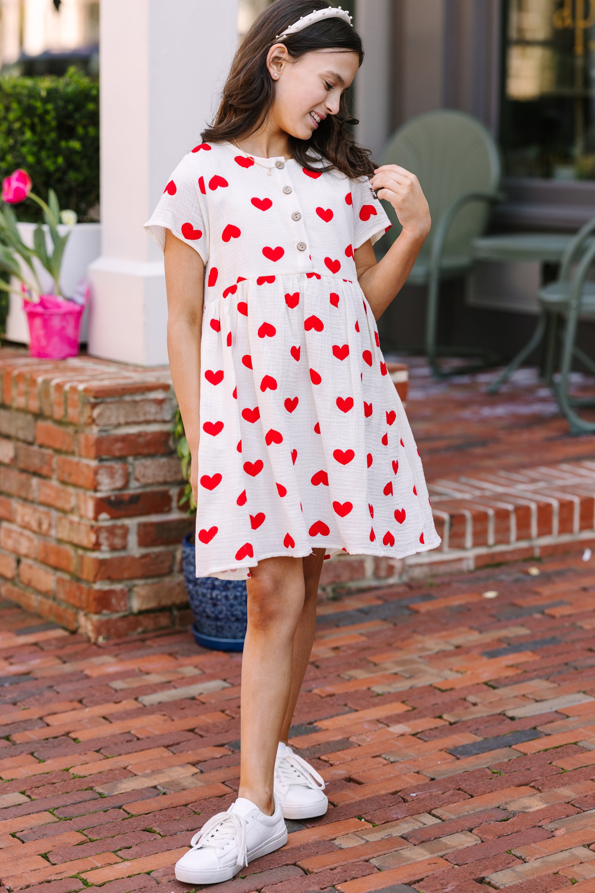 Girls: So Much Love Cream White Heart Print Dress