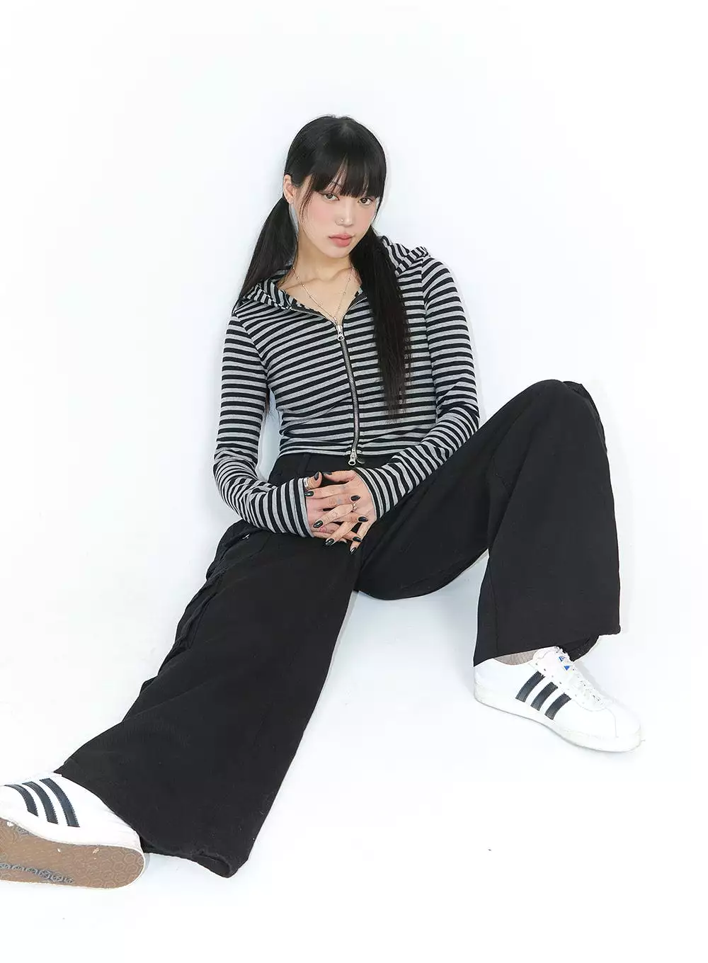 Grunge Slim Fit Stripe Crop Zip-Up Hoodie IJ410