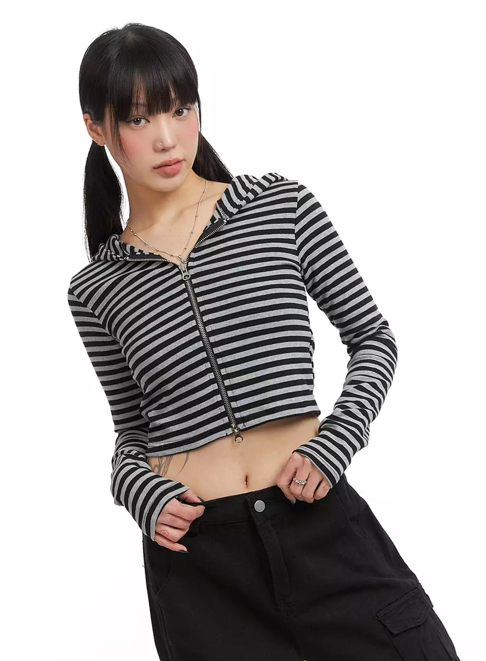 Grunge Slim Fit Stripe Crop Zip-Up Hoodie IJ410