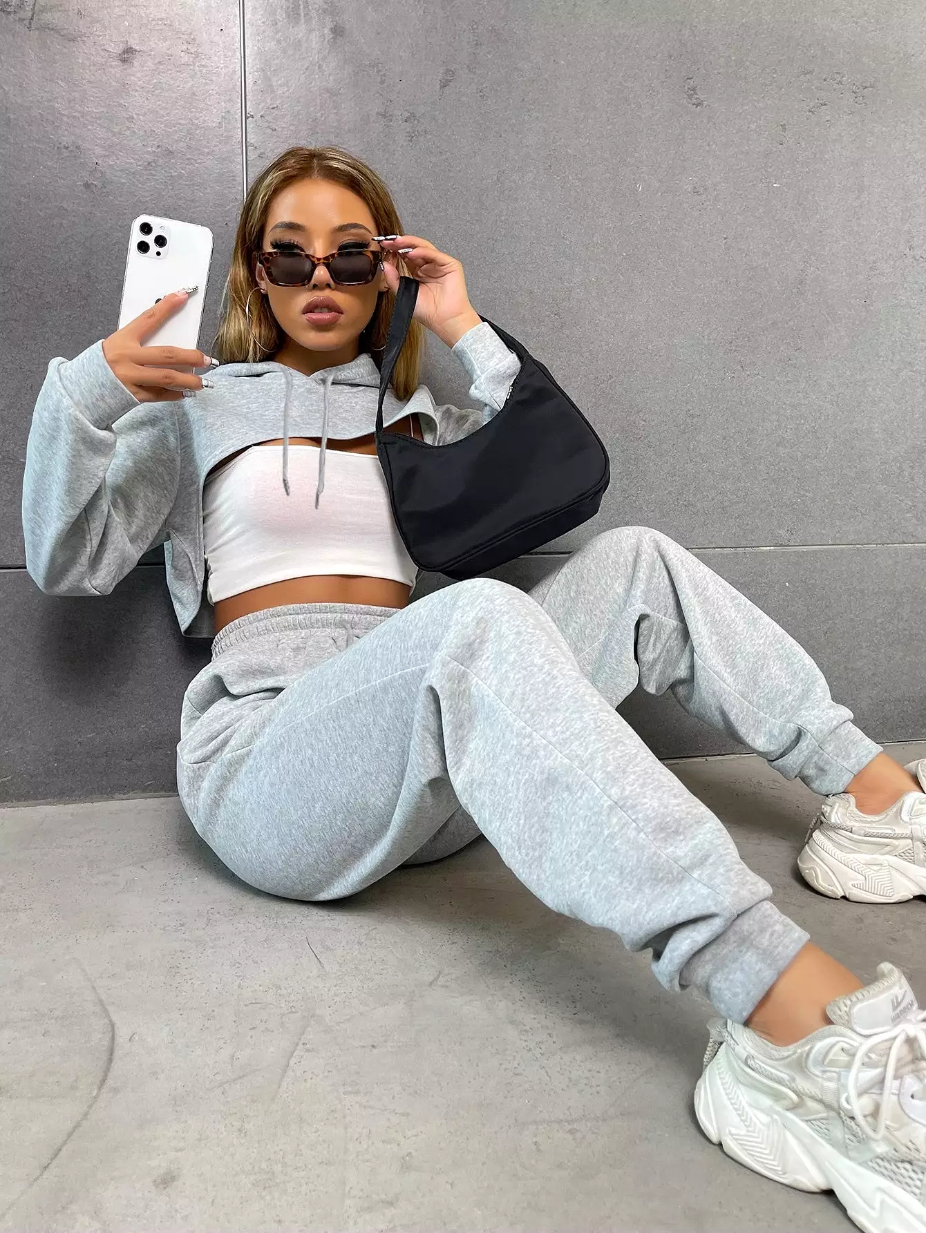 High Low Hem Drawstring Crop Hoodie Sweatpants