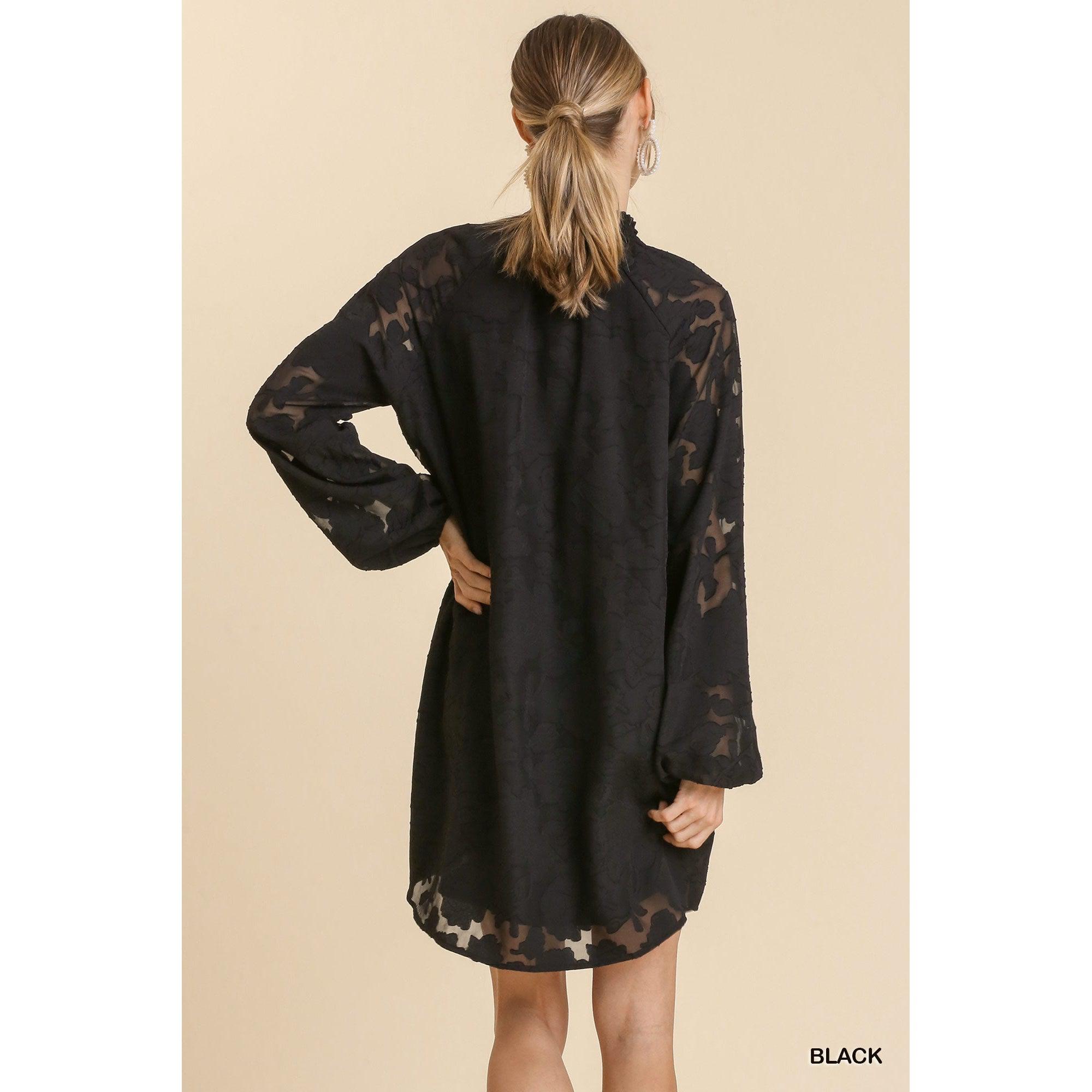 Jacquard Raglan Smocked Tie Neck Yoke Dress