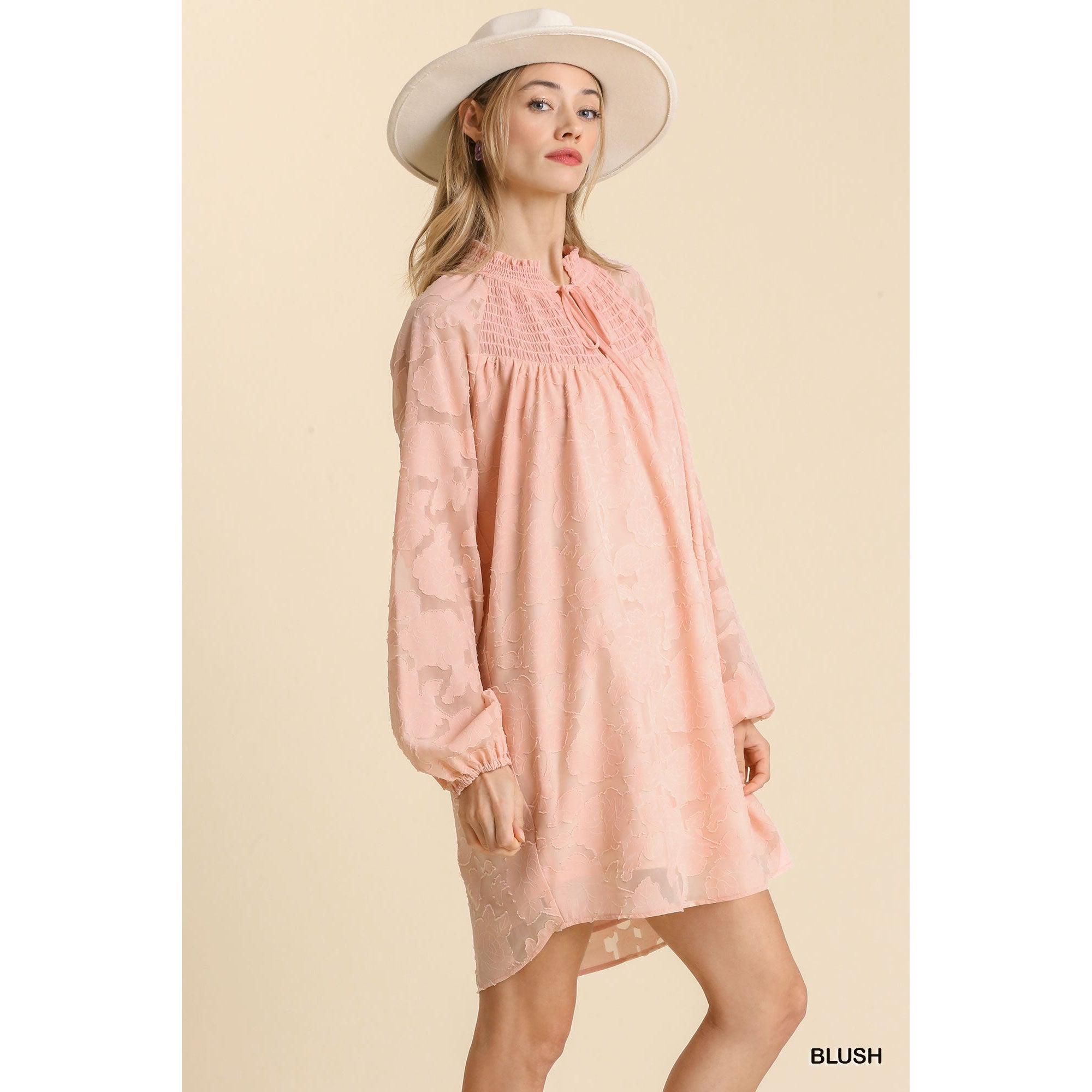 Jacquard Raglan Smocked Tie Neck Yoke Dress