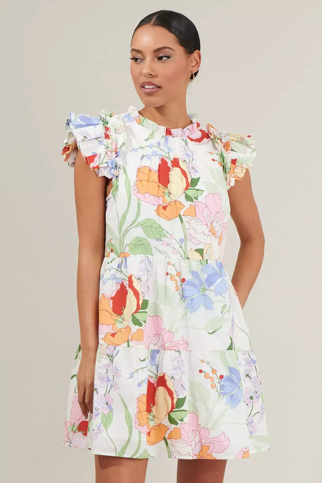 Juliet Floral Garden Lauren Shift Mini Dress- White Multi