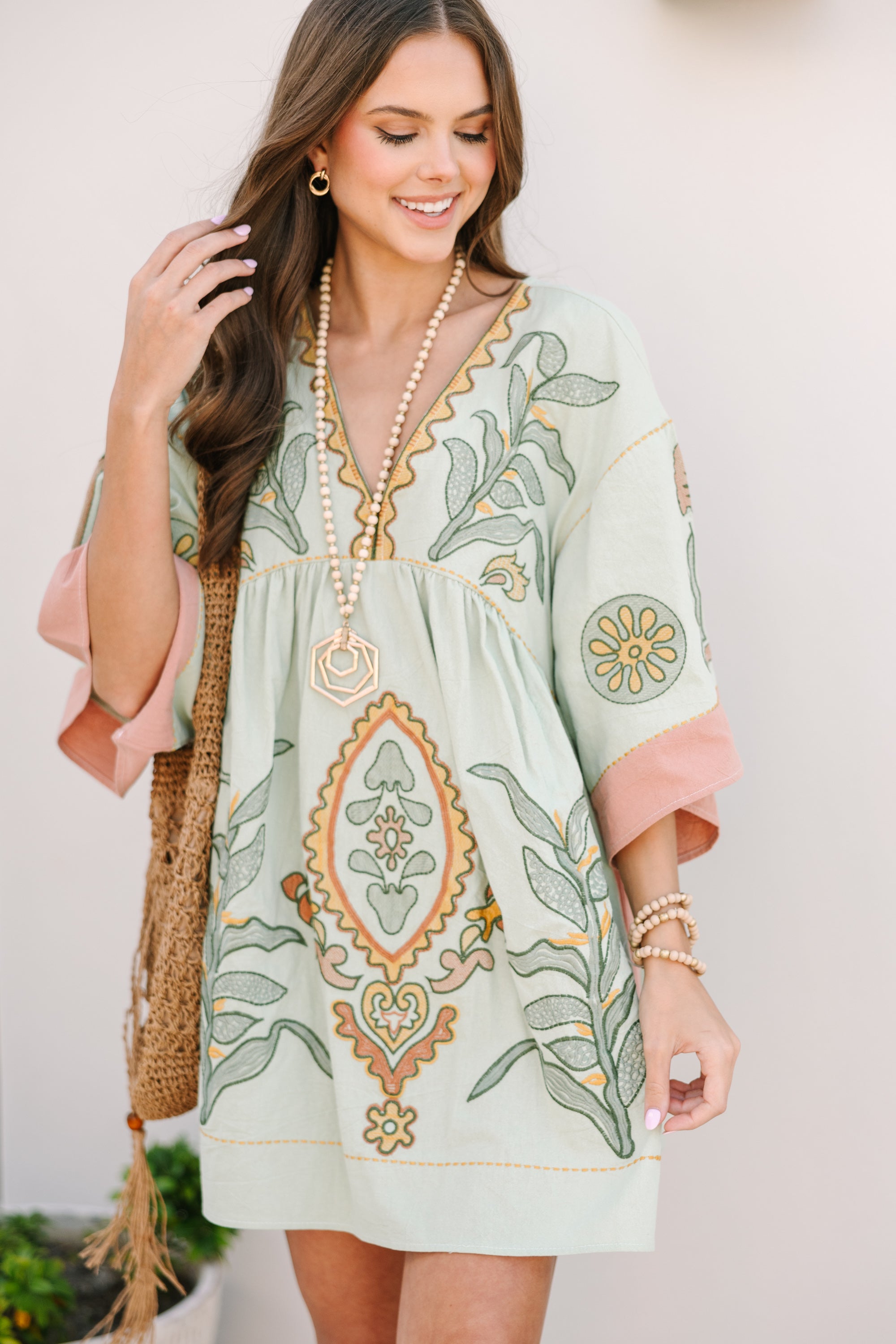 Just My Type Mint Green Floral Embroidered Dress