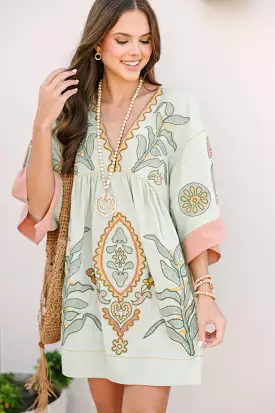 Just My Type Mint Green Floral Embroidered Dress