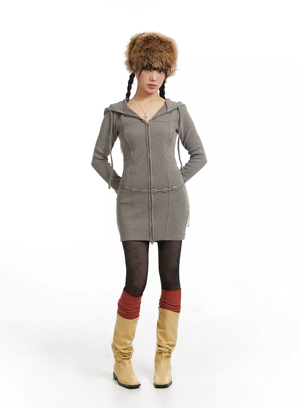 Knit Drawstring Hoodie Mini Dress IJ411