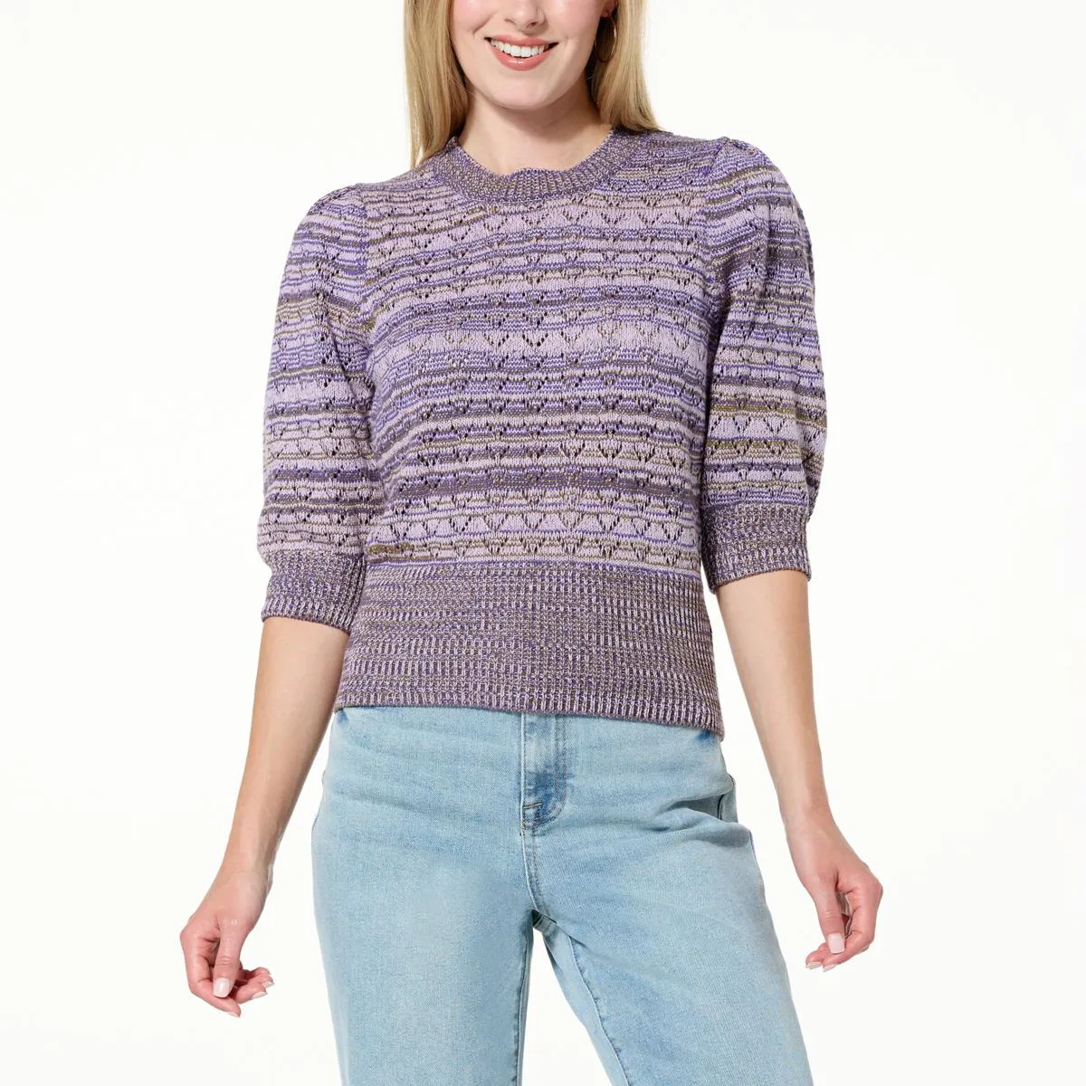      La Joie Crochet Knit Lantern Sleeve Sweater     