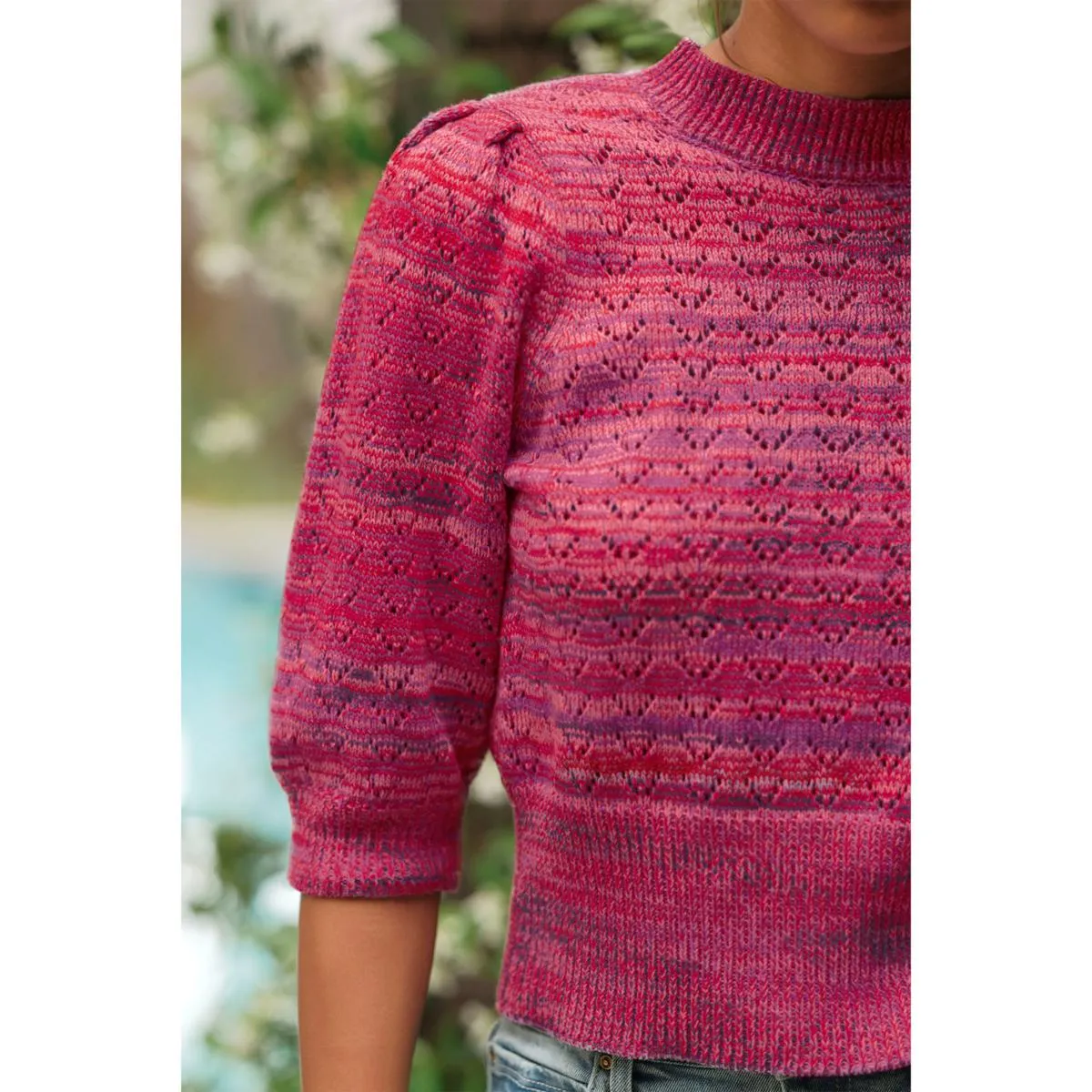      La Joie Crochet Knit Lantern Sleeve Sweater     